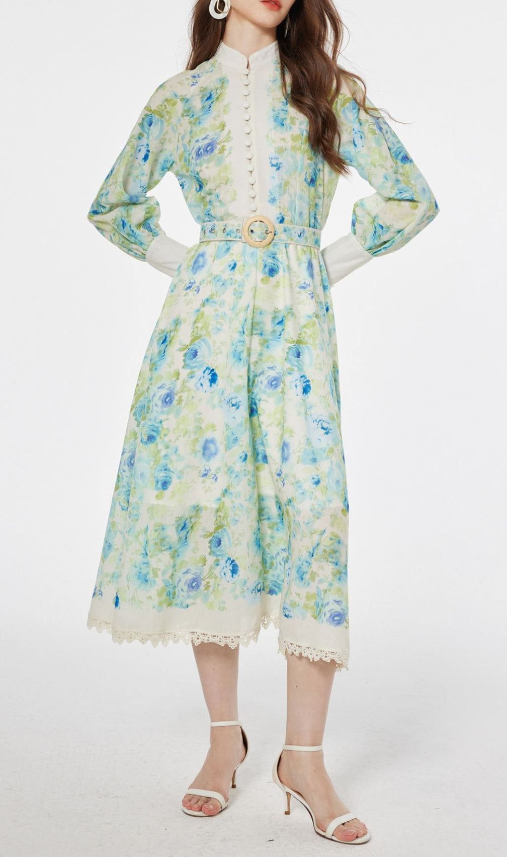 Chic Green & Blue Floral Long Sleeve Midi Dress - Elegant Garden Party Attire
