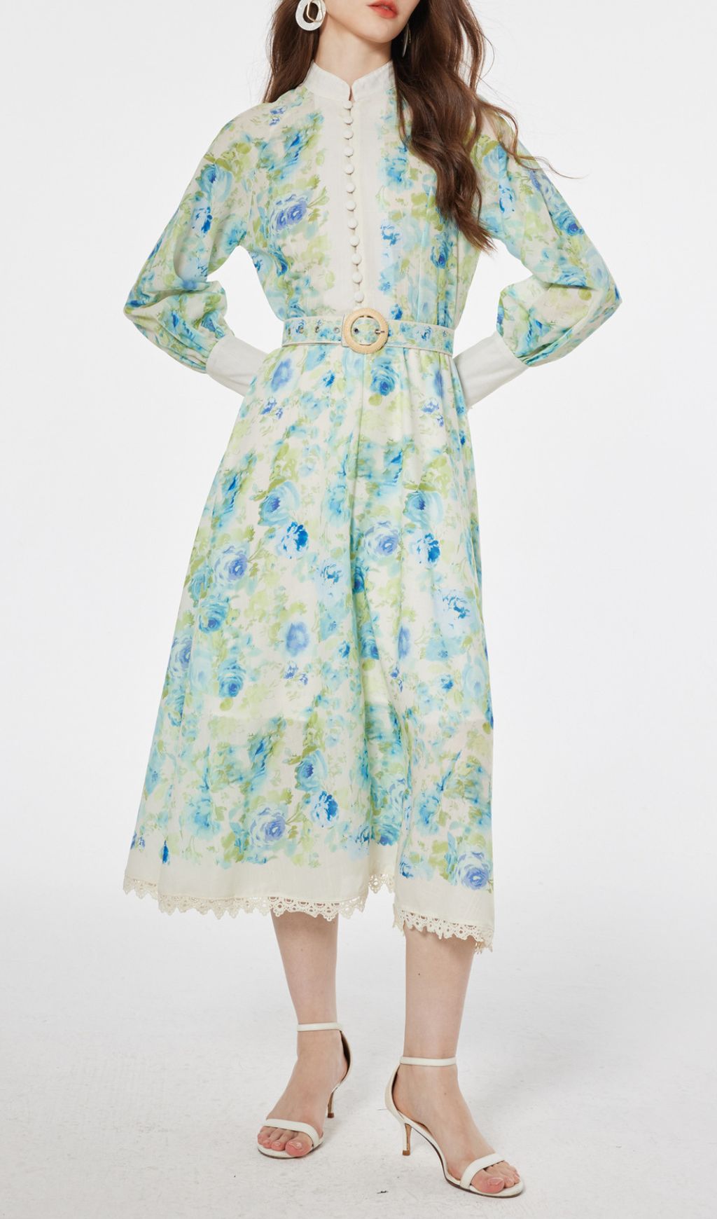 Chic Green & Blue Floral Long Sleeve Midi Dress - Elegant Garden Party Attire