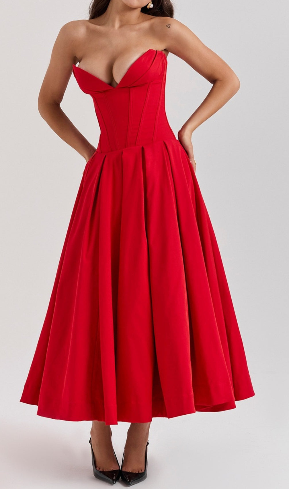 Devani Red Strapless Corset Midi Dress
