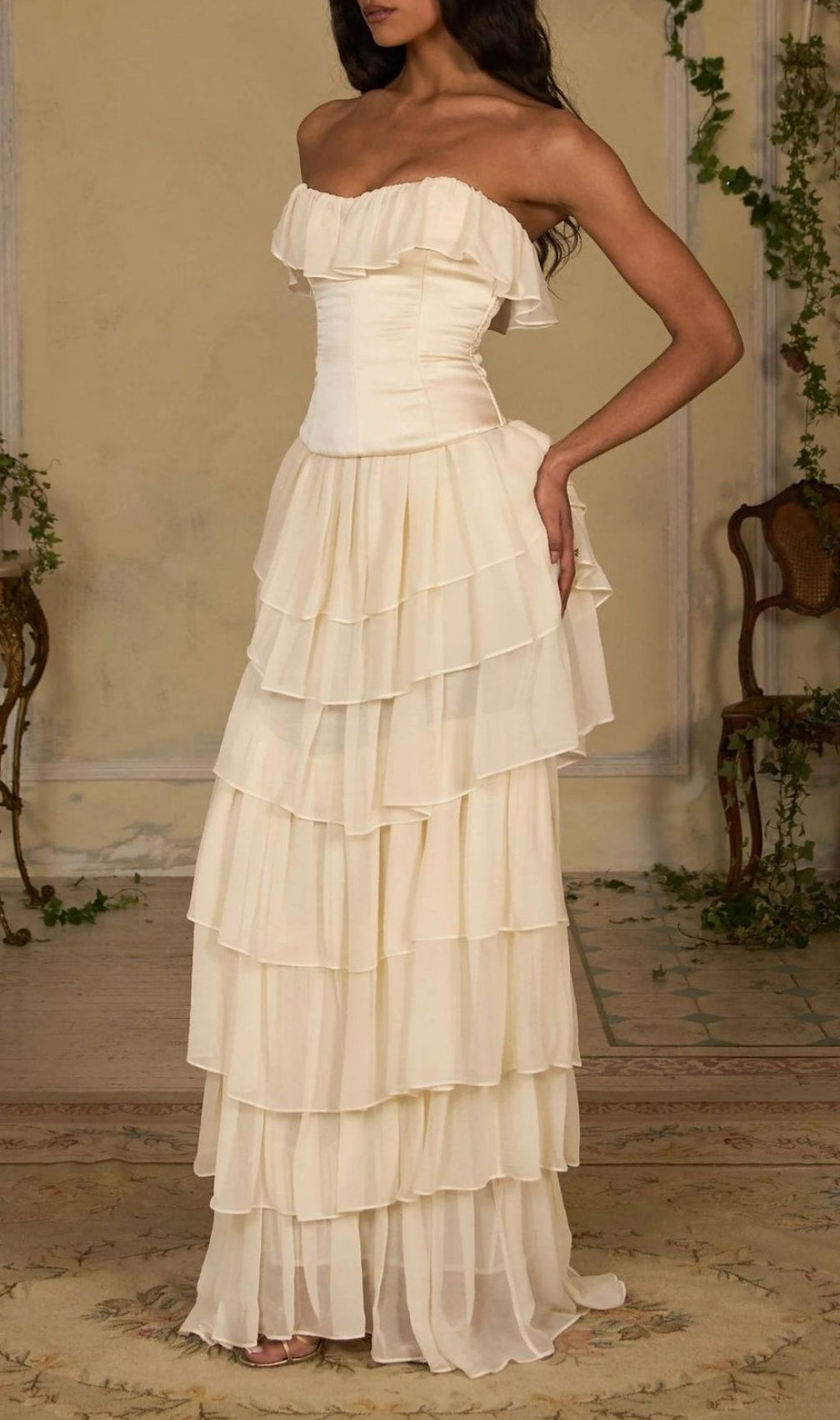 Angelie Romantic Ruffle Corset Maxi Dress - Elegant Tiered Chiffon Gown