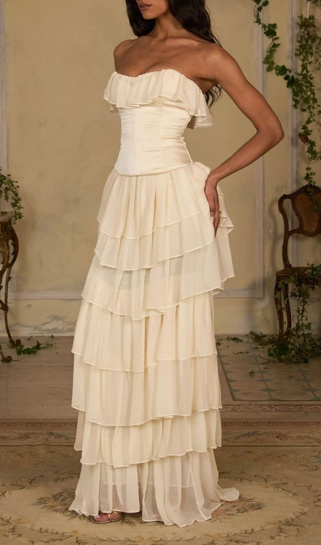 Angelie Romantic Ruffle Corset Maxi Dress - Elegant Tiered Chiffon Gown