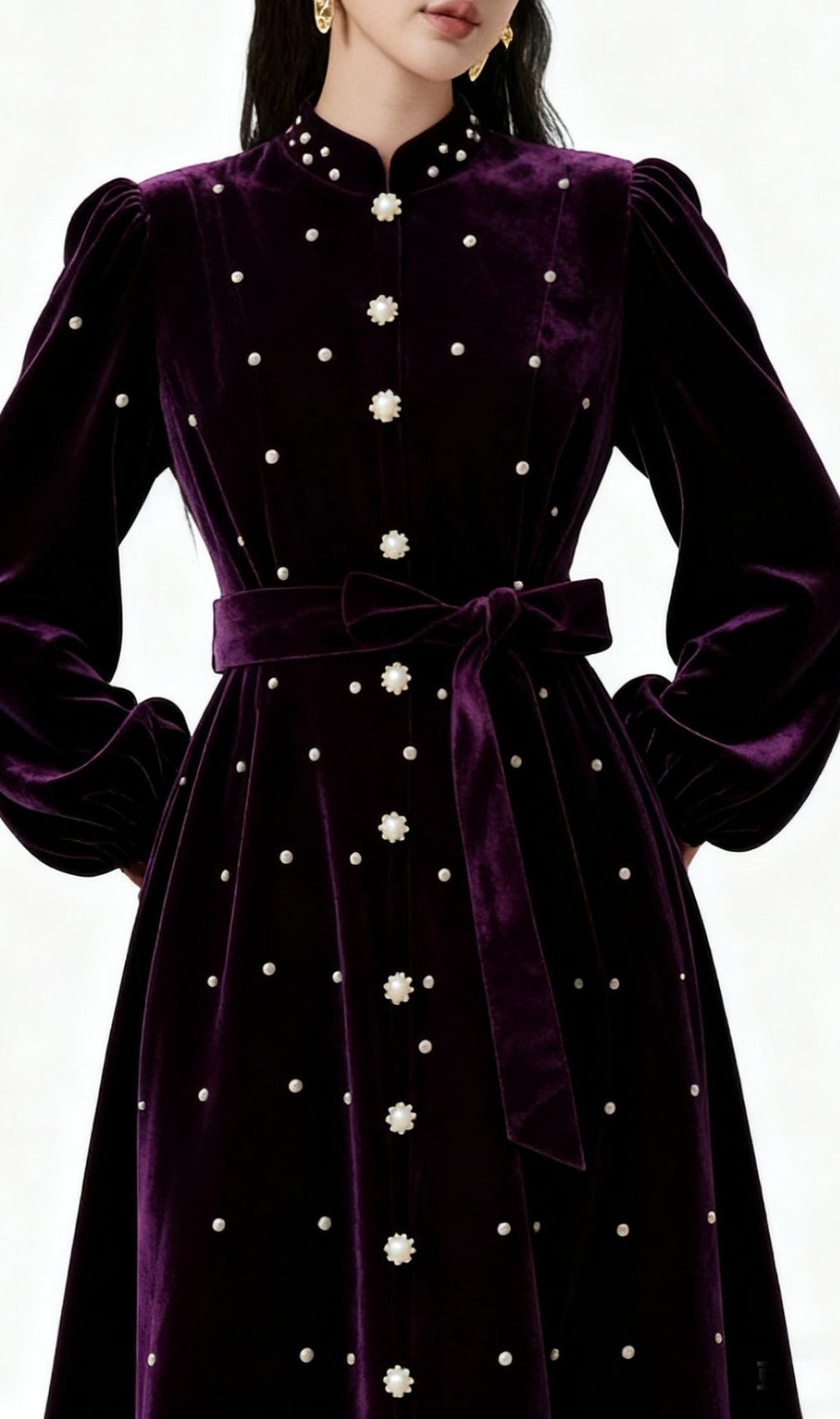 Iwalani Velvet Embellished Midi Dress - Long Sleeve Holiday Party Gown