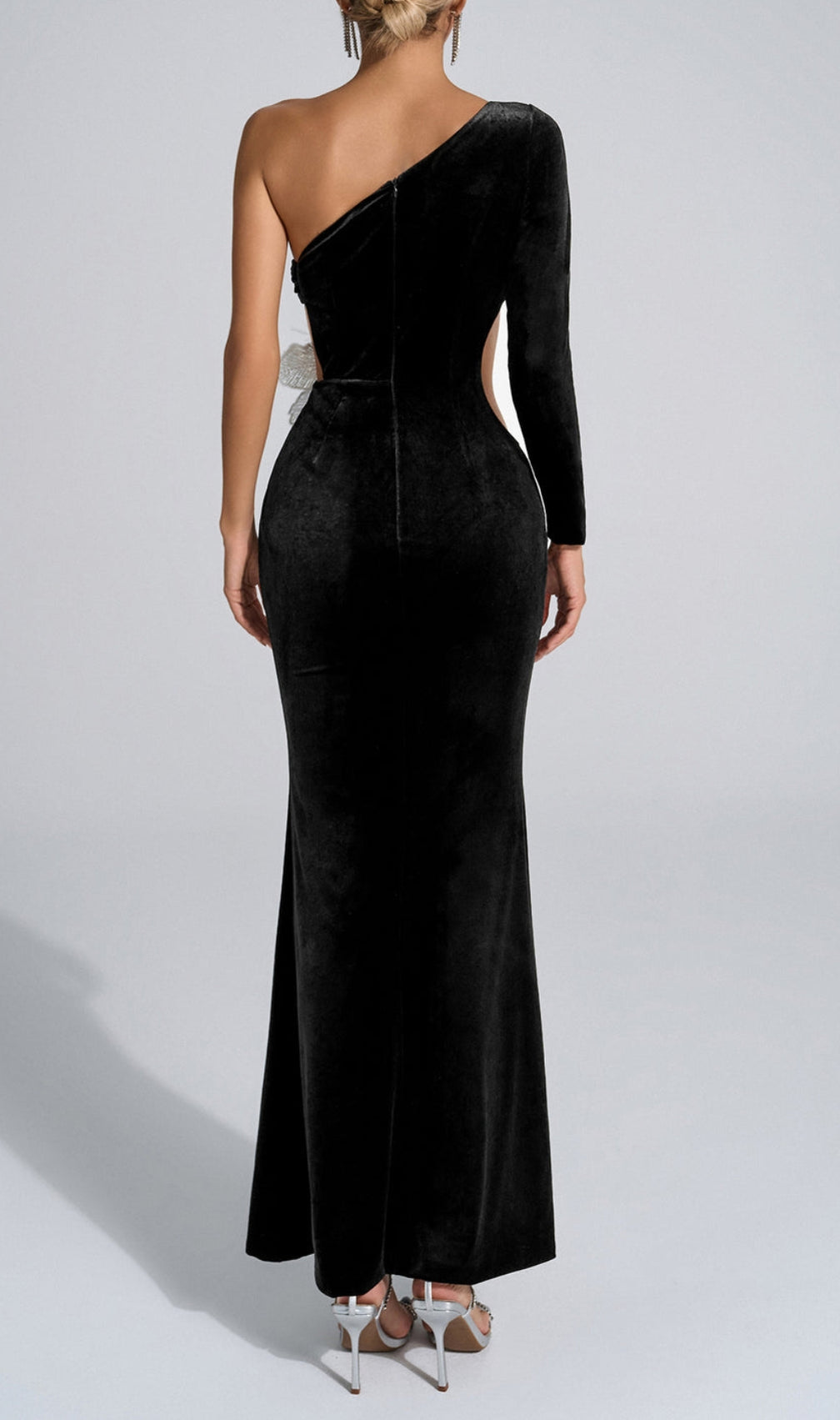Bariah Black One Shoulder Flower Velvet Maxi Dress