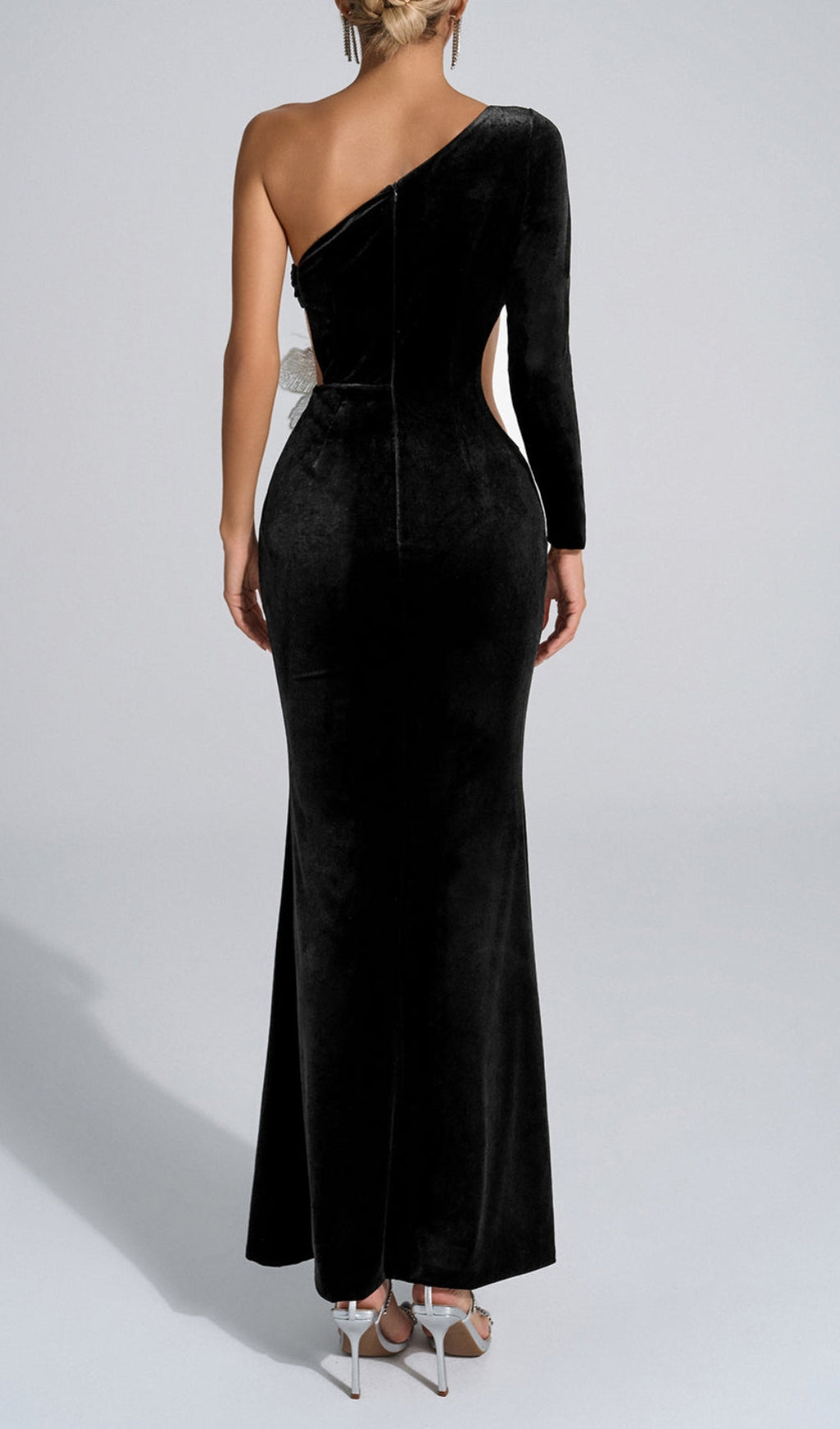 Bariah Black One Shoulder Flower Velvet Maxi Dress