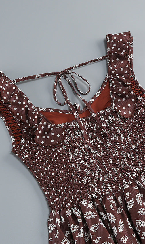 Jalena Coffee Floral Mini Dress - Bohemian Chic Ruffle Sundress for Women