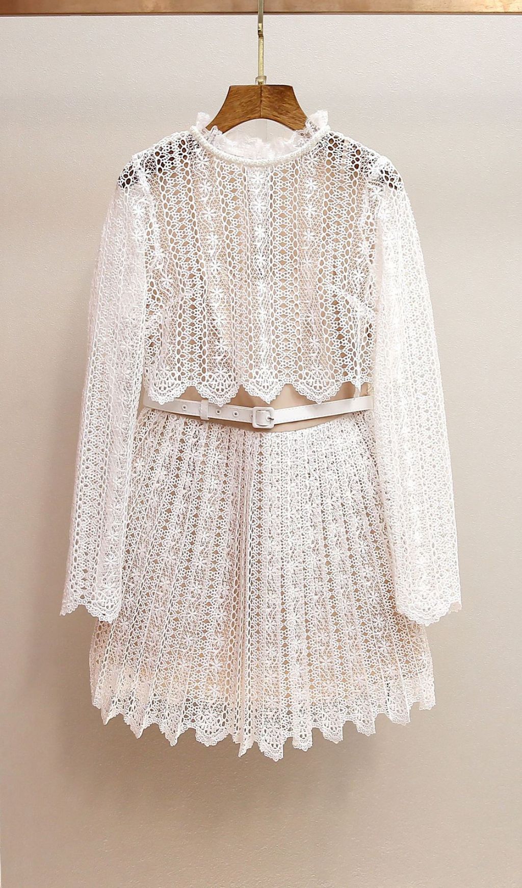 Chic Organza Lace Mini Dress | Ruffled Neck & Scalloped Details