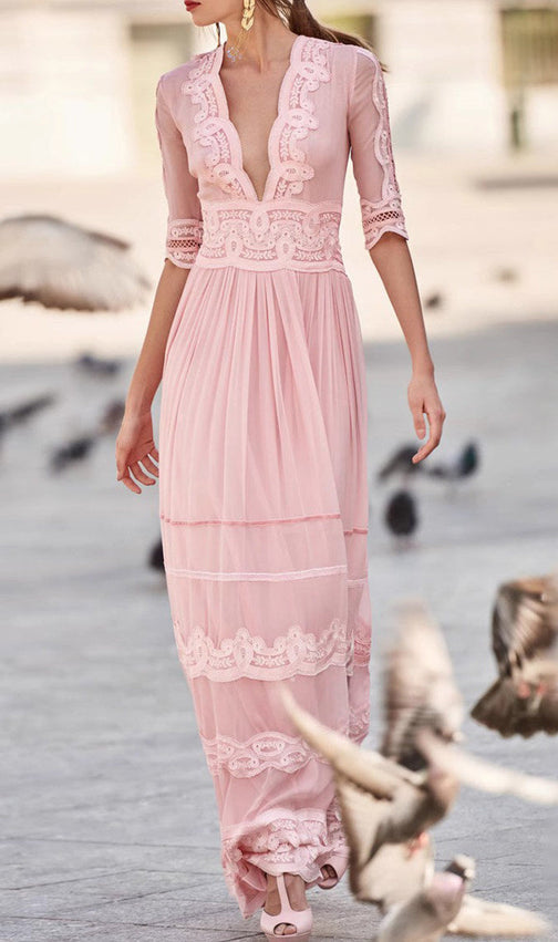 Ethereal Blush Pink Chiffon Maxi Dress | Elegant Lace-Trim V-Neck Gown