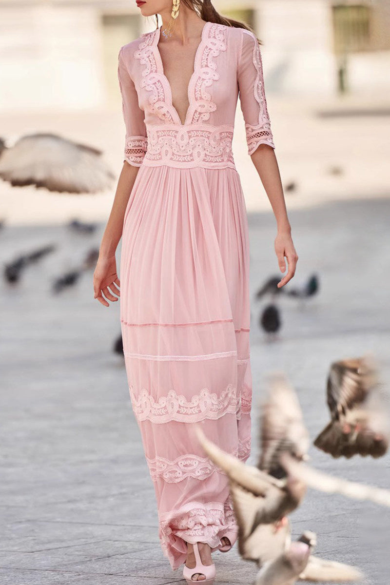 Ethereal Blush Pink Chiffon Maxi Dress | Elegant Lace-Trim V-Neck Gown