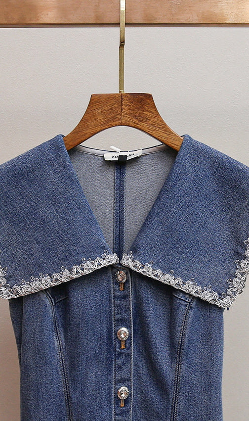 Havika Women's Embellished Sailor Collar Denim Mini Dress with Pleated Skirt