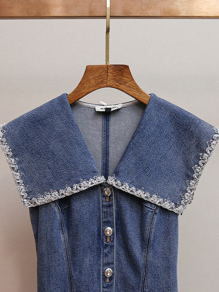 Havika Women's Embellished Sailor Collar Denim Mini Dress with Pleated Skirt