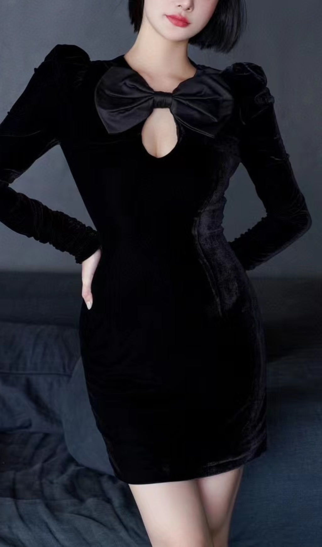 Black Velvet Hollow Bow Long-Sleeve Mini Dress