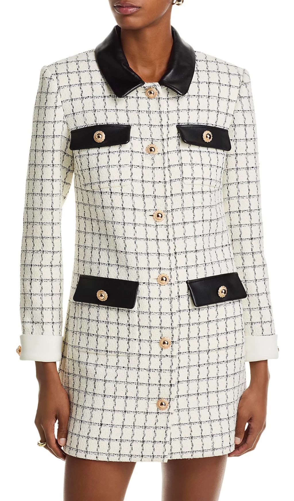 Luxe Windowpane Bouclé Mini Dress with Leather Trim & Gold Buttons