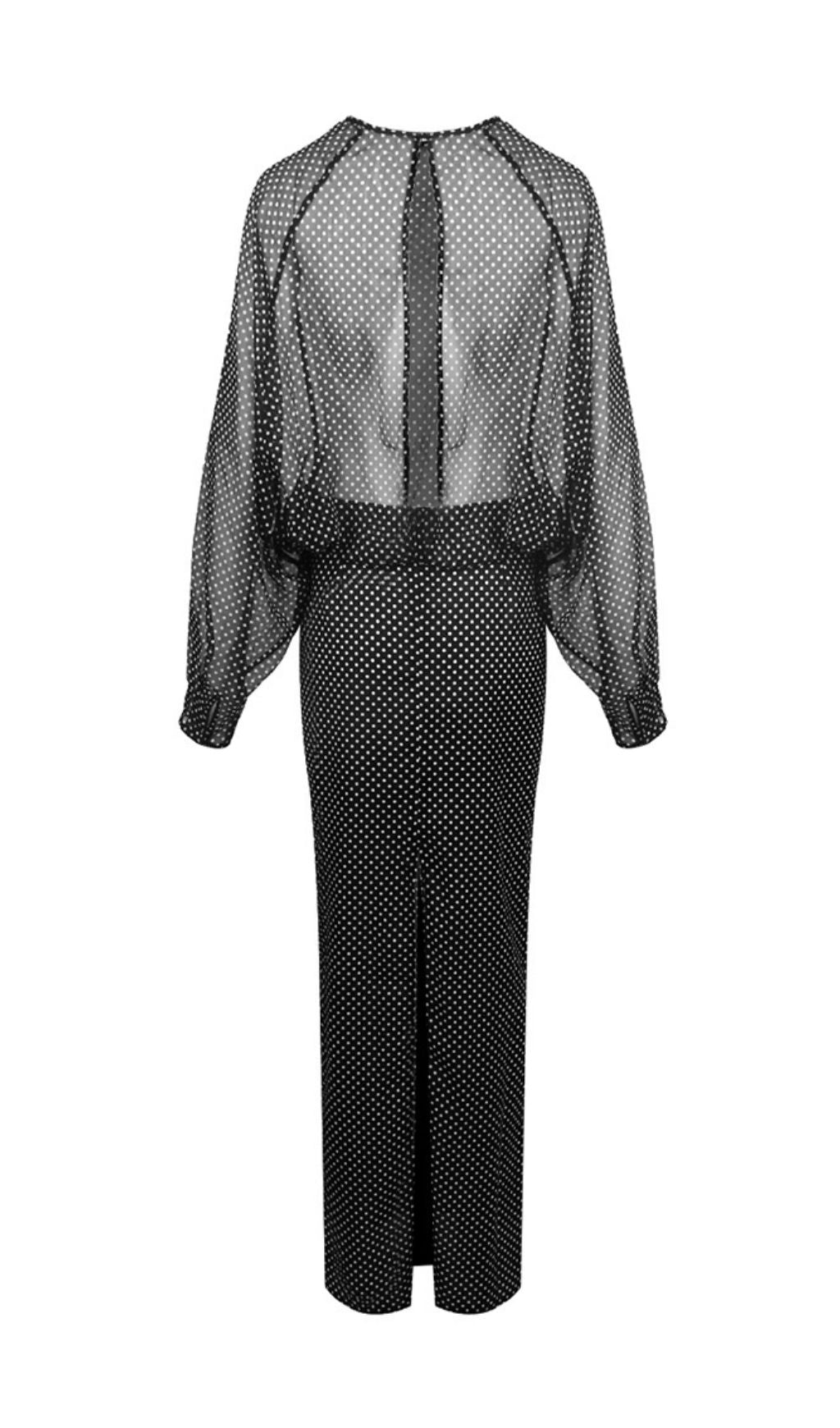Chic Sheer Polka Dot Long Sleeve Maxi Dress - Black