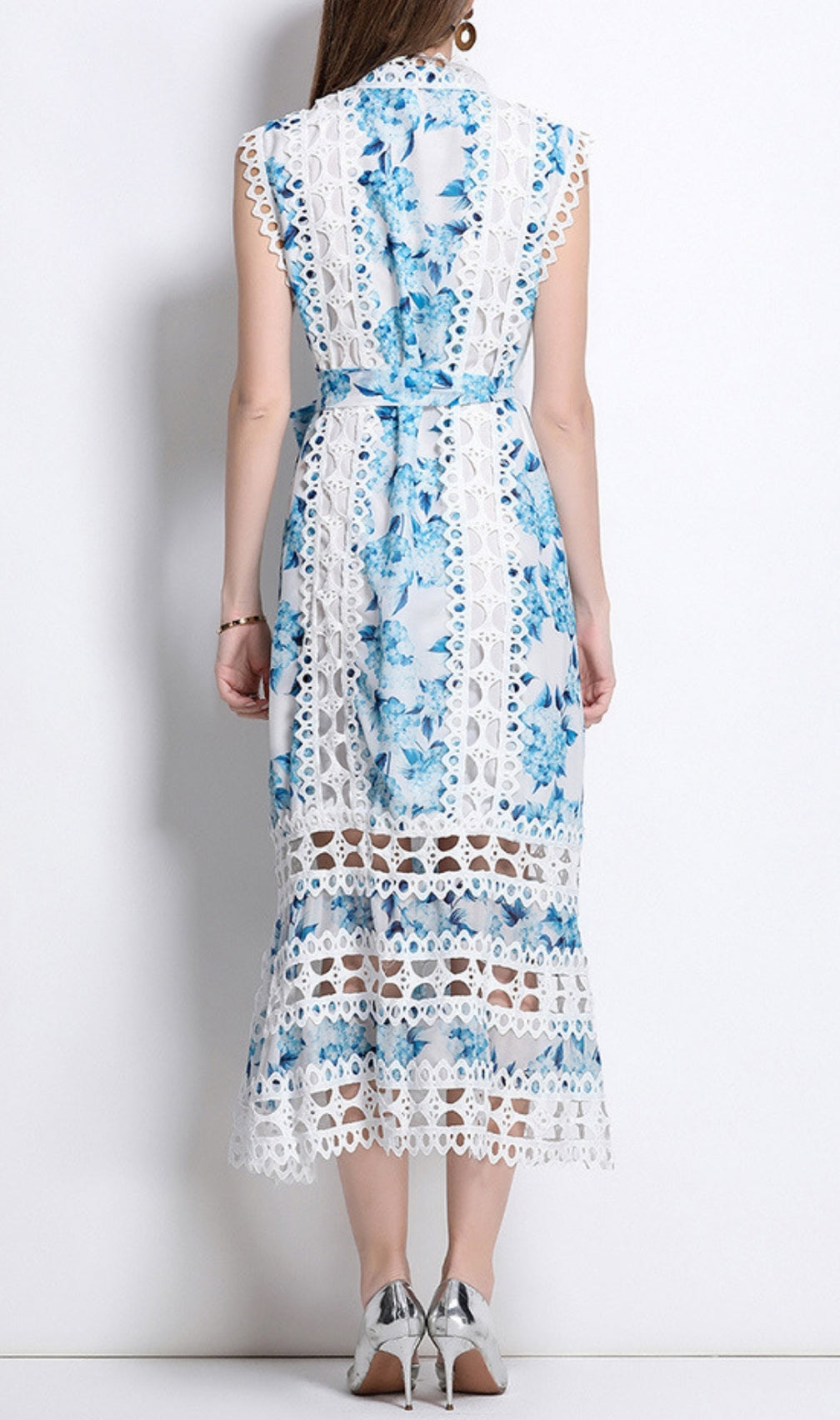 Errin Blue Floral Hollow Out Midi Dress