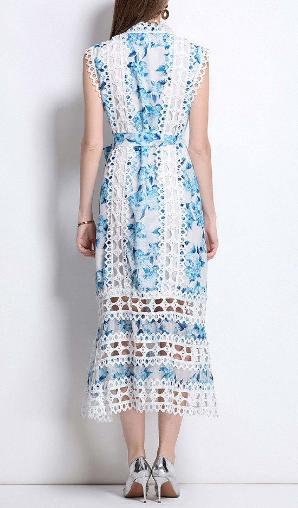 Errin Blue Floral Hollow Out Midi Dress