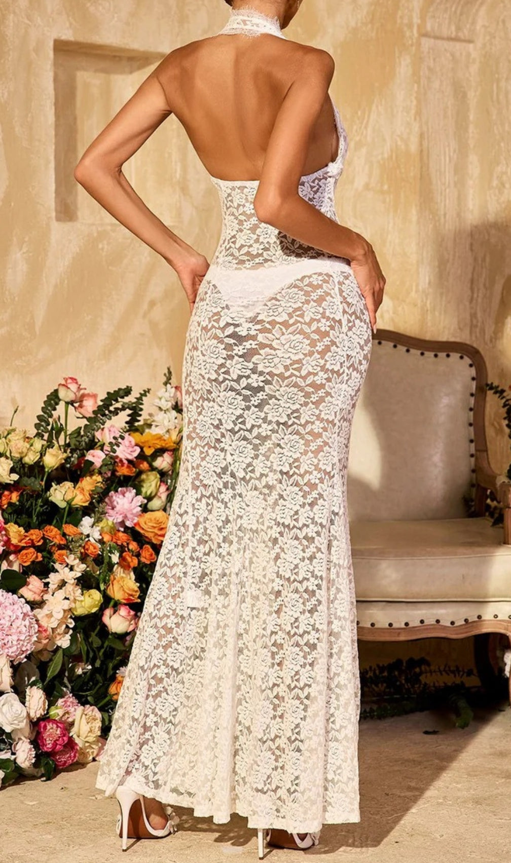 Ravhyx Halterneck Cutout Lace Maxi Dress