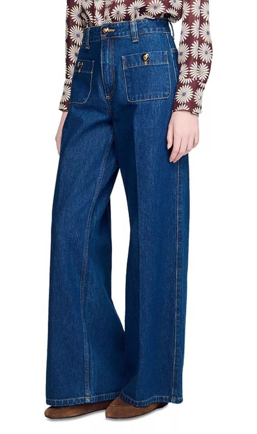 Women's Vintage-Inspired Dark Blue Straight Leg Patch Pocket Jeans