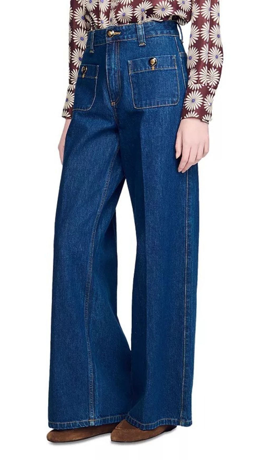 Women's Vintage-Inspired Dark Blue Straight Leg Patch Pocket Jeans