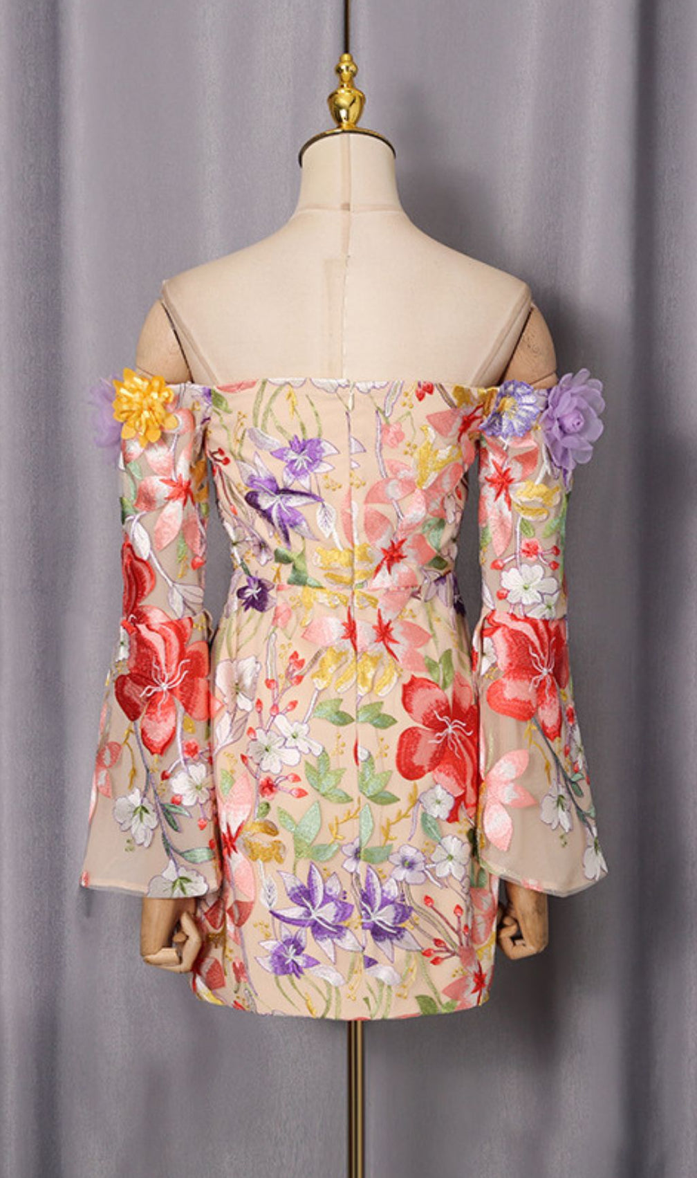 Iga Floral Embroidered Off-Shoulder Mini Dress | Whimsical 3D Blooms & Bell Sleeves