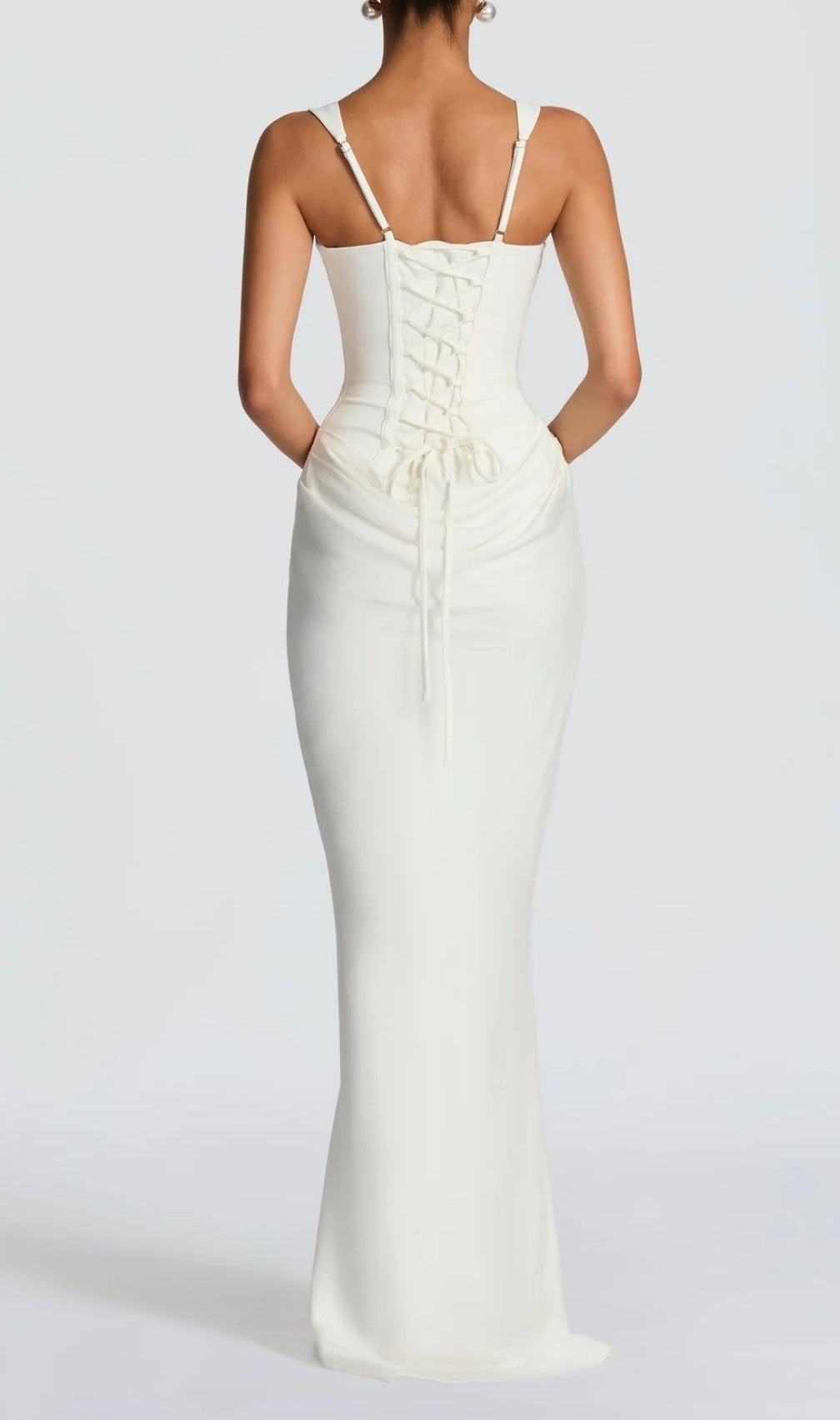 Keelia White Corset Ruched Maxi Dress - Sculpted Elegance for Bridal & Special Occasions