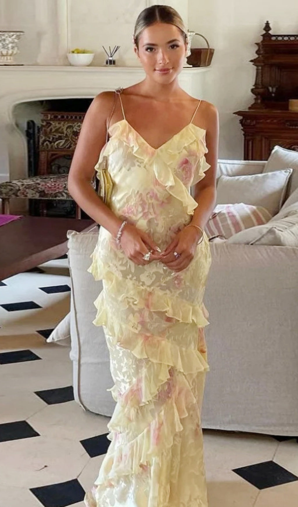 Brocha Yellow V-Neck Floral Ruffle Maxi Dress