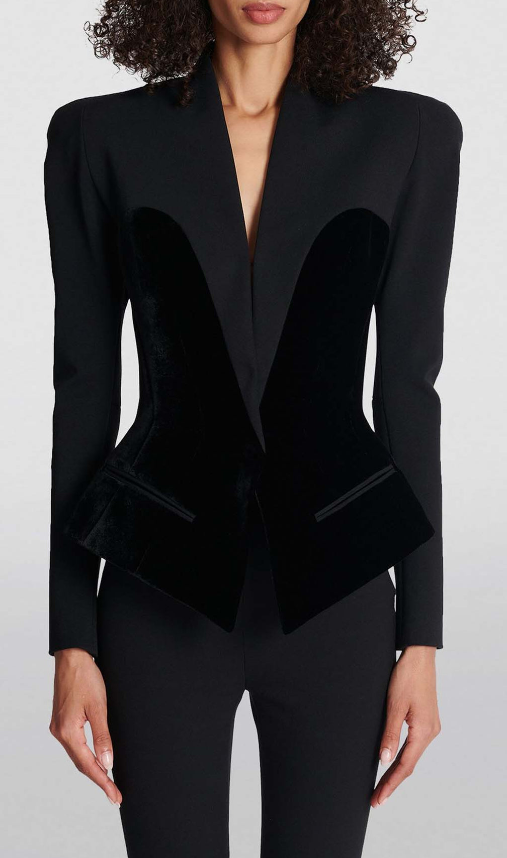 V Neck Two Pockets Blazer In Black