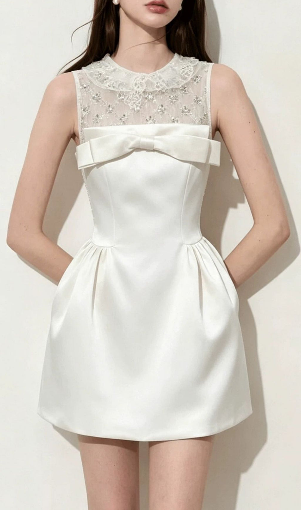 Kimiyo Sparkling White Lace & Sequin Bow Mini Dress - Elegant Cocktail & Party Attire
