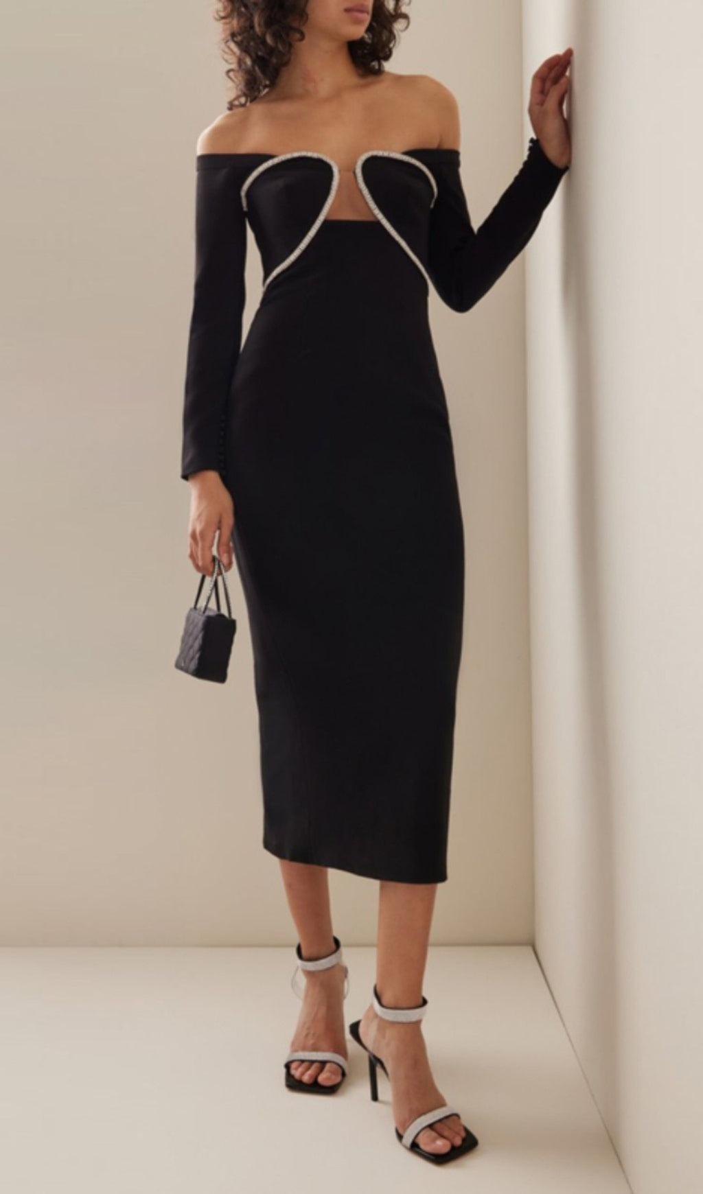 Adolfo Off-Shoulder Crystal Midi Dress