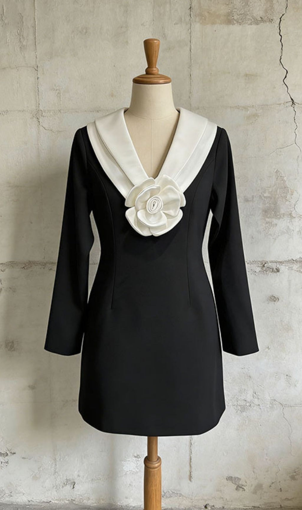 Kasani Elegant Black Mini Dress with White Statement Collar & 3D Floral Appliqué