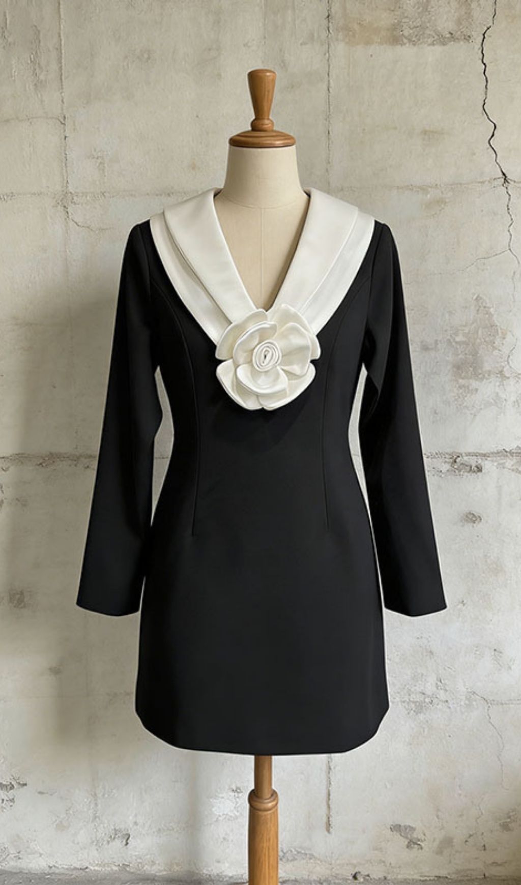 Kasani Elegant Black Mini Dress with White Statement Collar & 3D Floral Appliqué