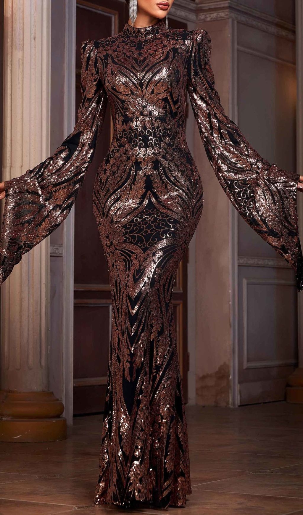 Iben Dazzling Sequin Maxi Dress | Long Sleeve Black & Rose Gold Evening Gown