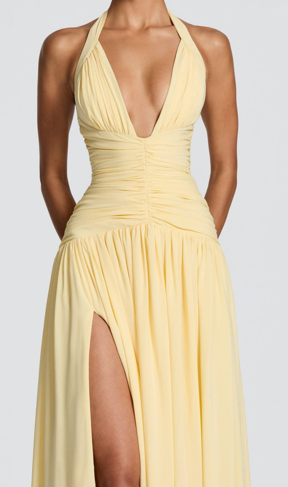 Kelley Radiant Yellow Halter Ruched Maxi Gown with High Slit