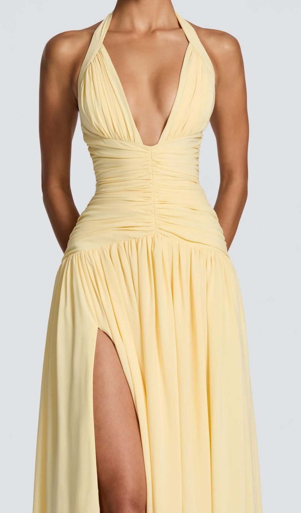 Kelley Radiant Yellow Halter Ruched Maxi Gown with High Slit