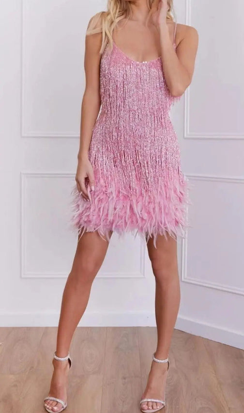 Tassel Feather Mini Dress In Pink