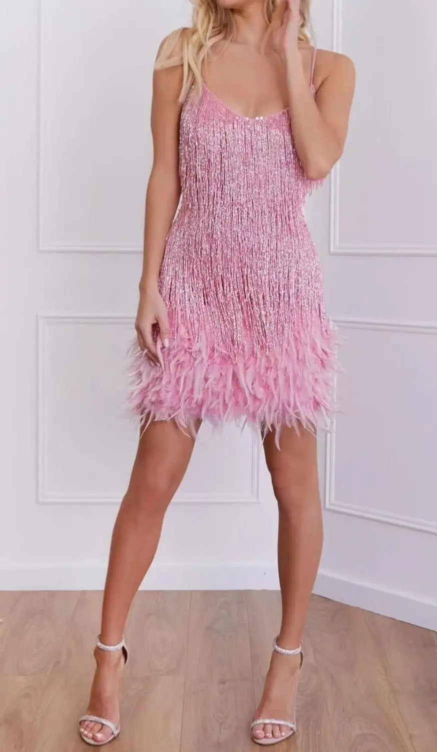 Tassel Feather Mini Dress In Pink