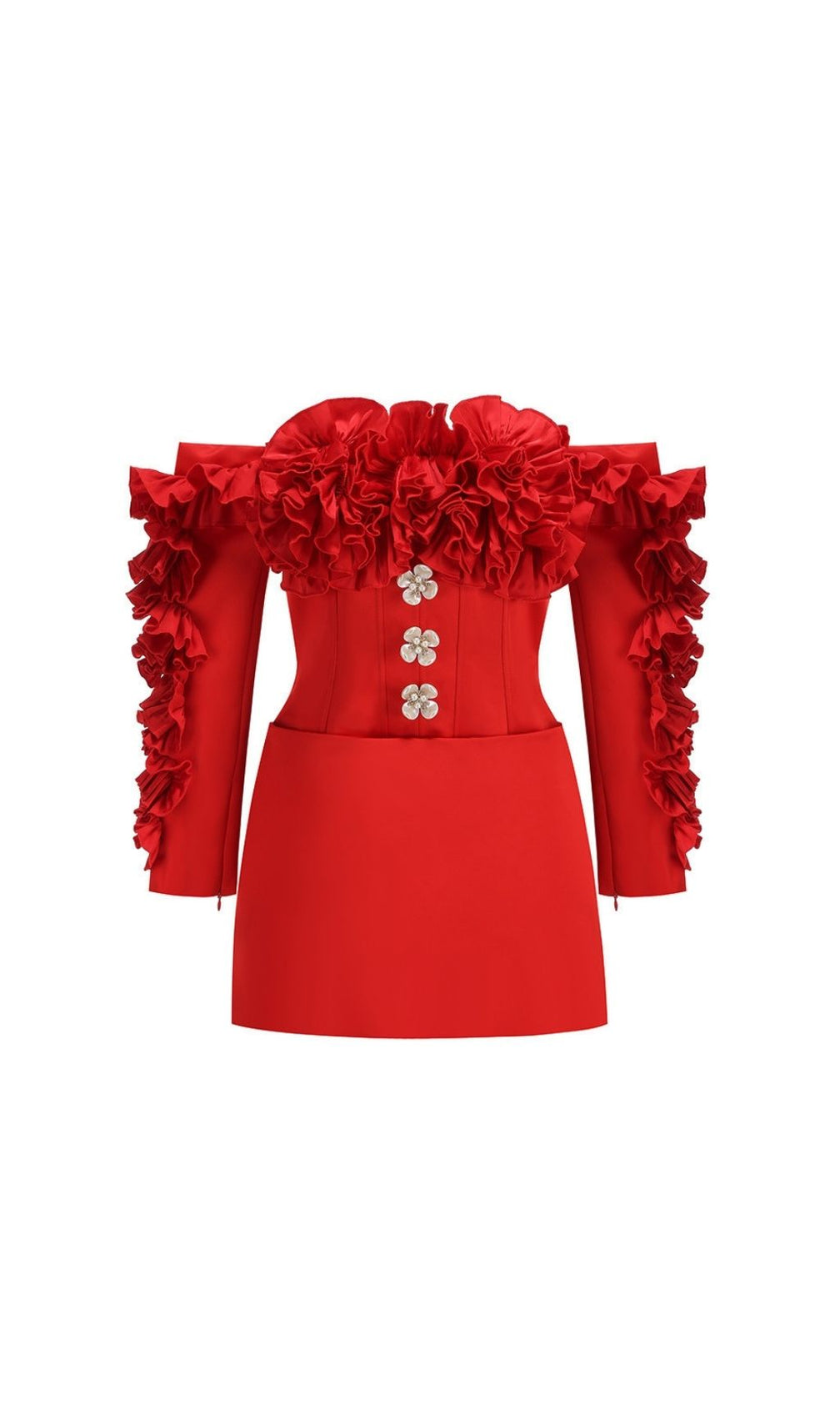 Kenna Red Ruffle Off-Shoulder Mini Dress with Floral Corset Bodice