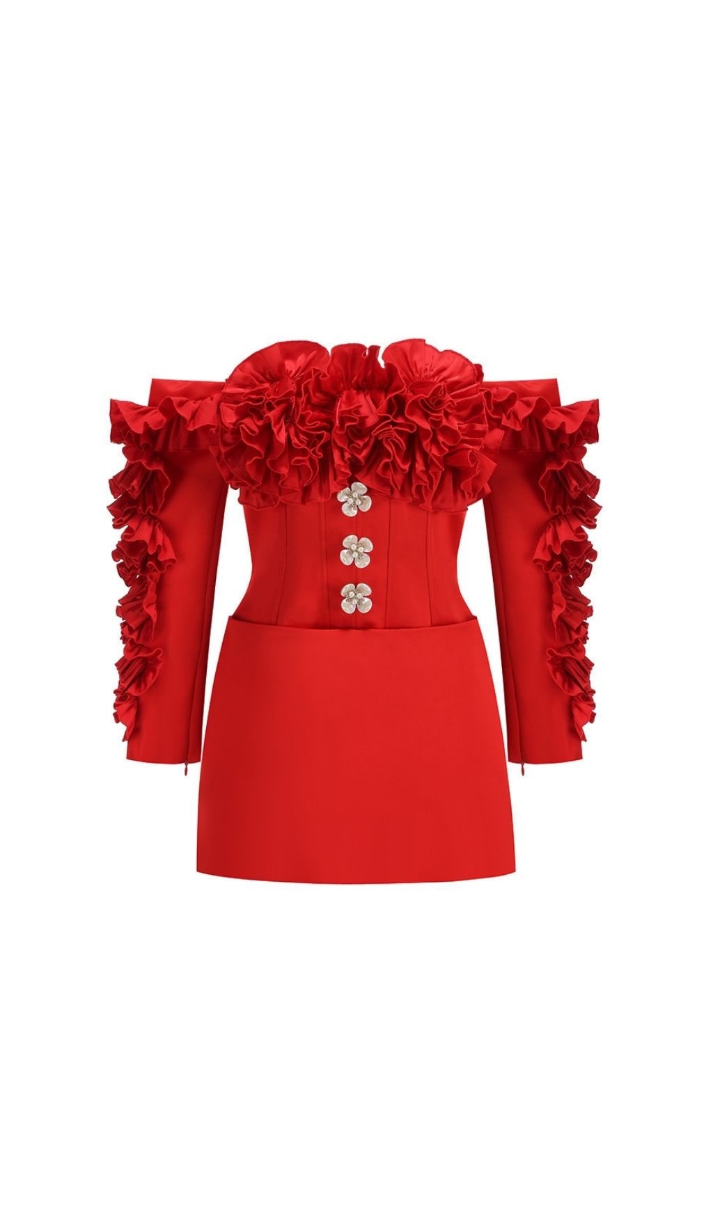 Kenna Red Ruffle Off-Shoulder Mini Dress with Floral Corset Bodice