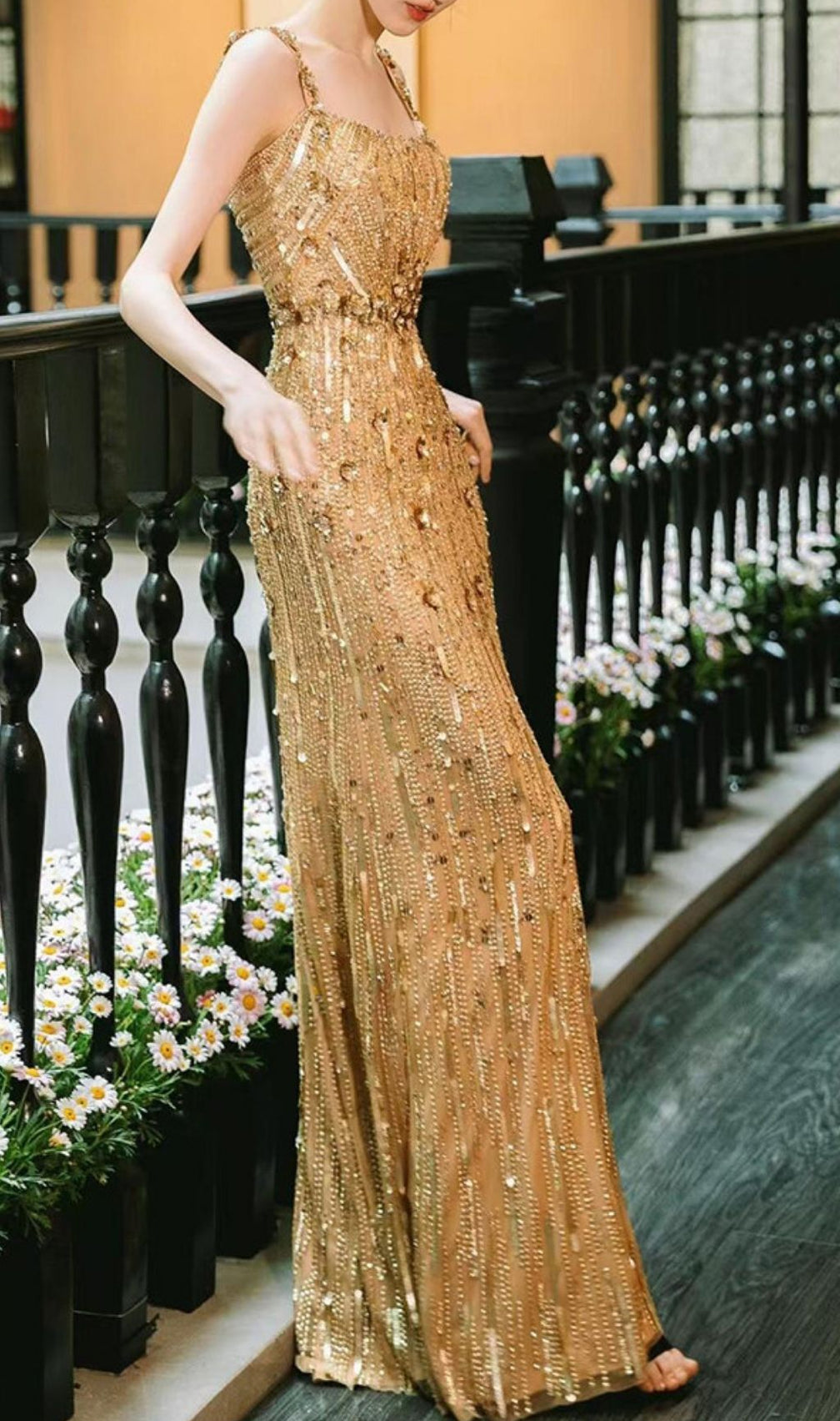 Kristin Gold Strappy Embellished Maxi Dress