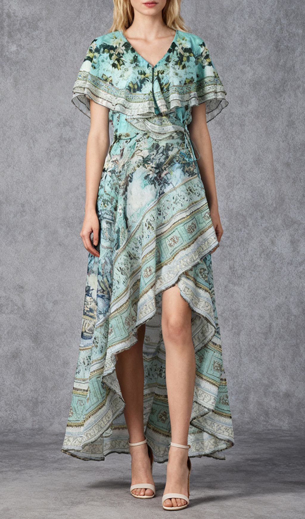 Jaymes Artistic Print High-Low Maxi Dress - Bohemian Ruffle Wrap Style
