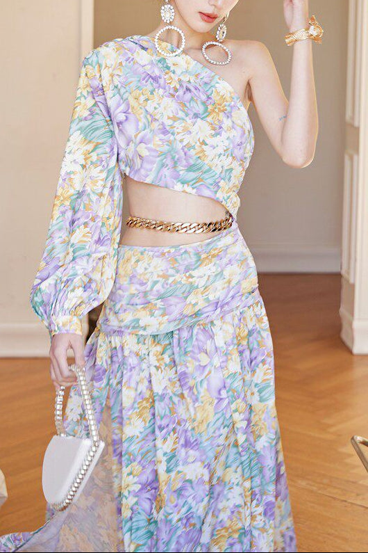 Dolores French Floral One-Shoulder Cutout Maxi Dress with High Slit – Elegant Summer Style