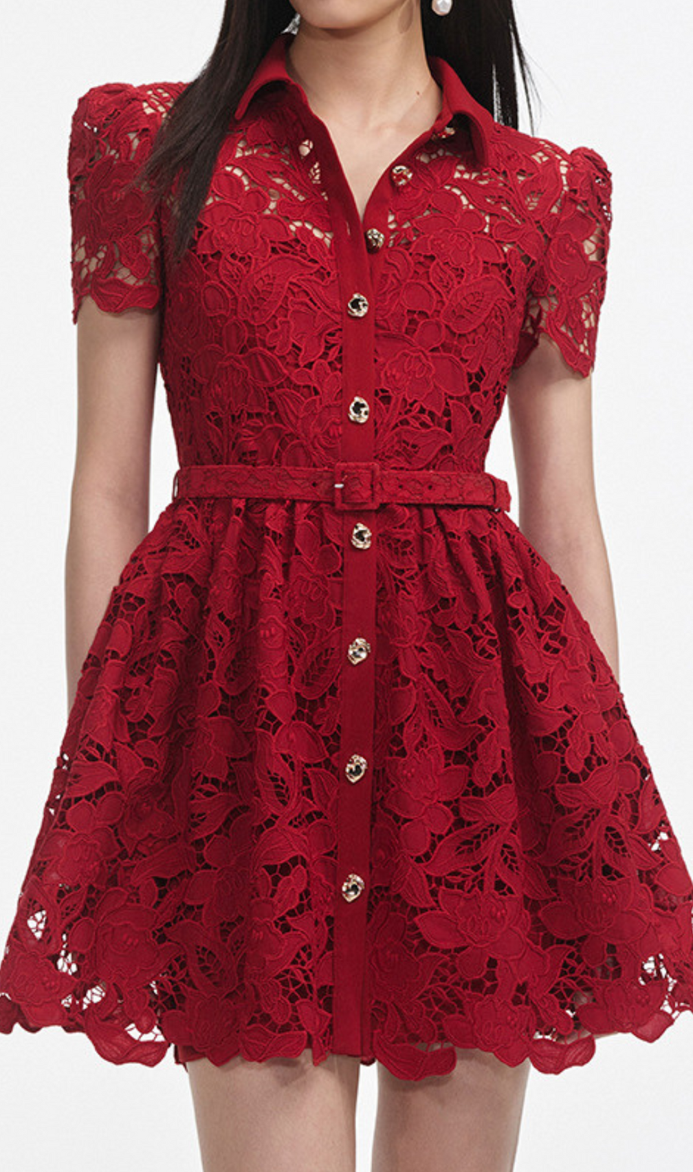Gasha Red Embroidery Belt Mini Dress