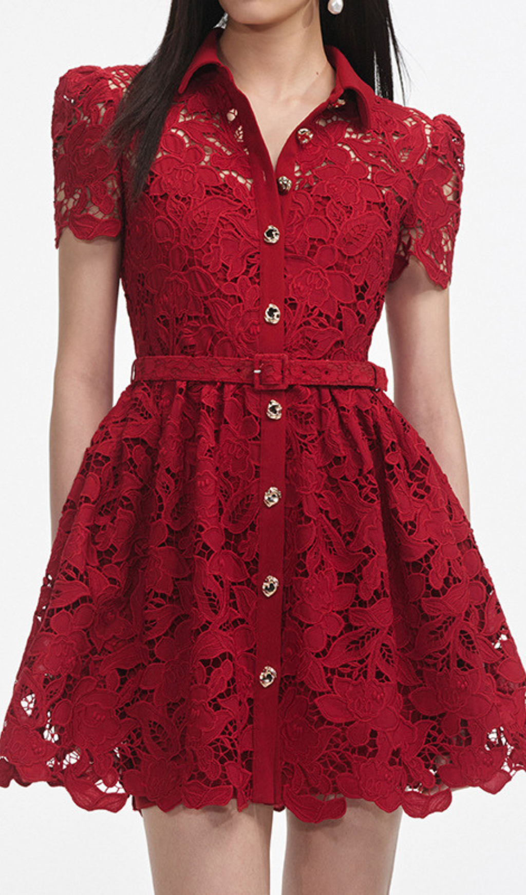 Gasha Red Embroidery Belt Mini Dress