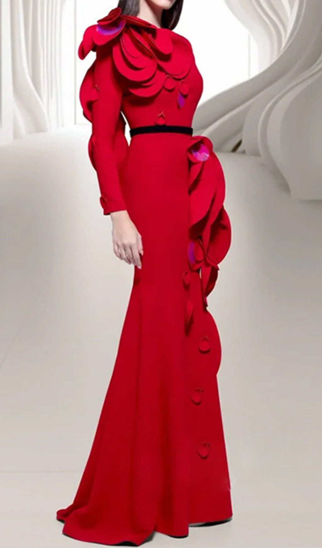 Dilan Red Long Sleeve Embellished Maxi Dress