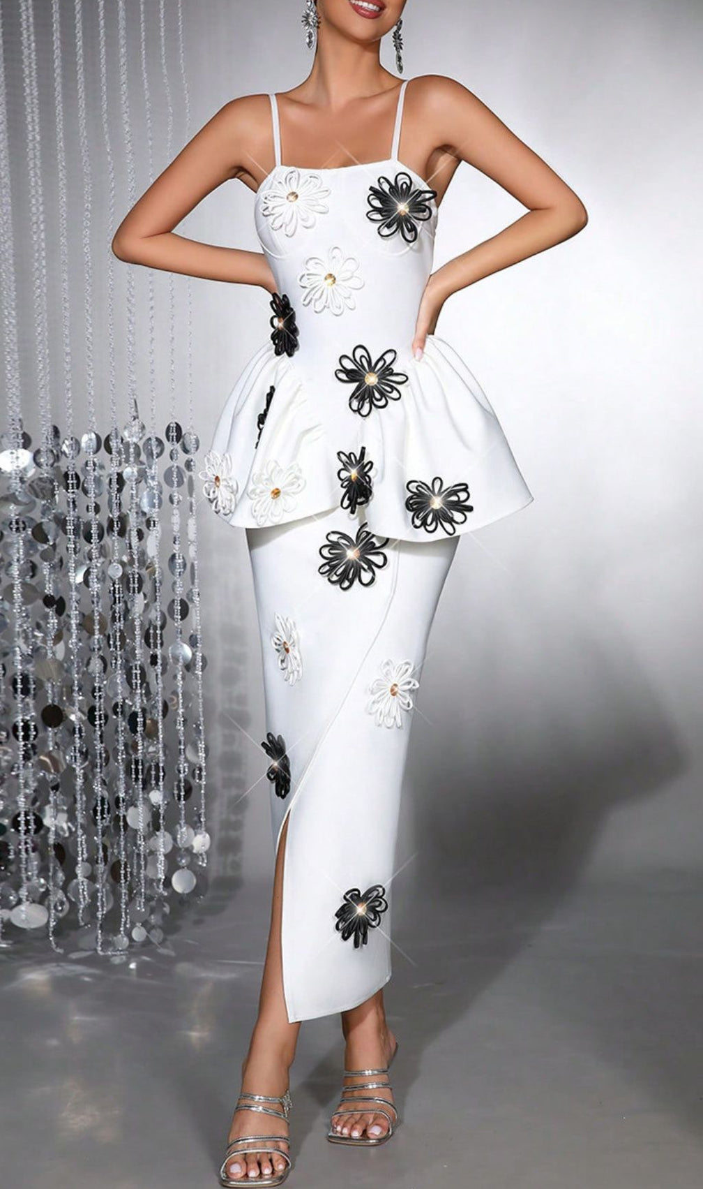 Bloom in Elegance: Hada White Floral Peplum Midi Dress with 3D Embellishments