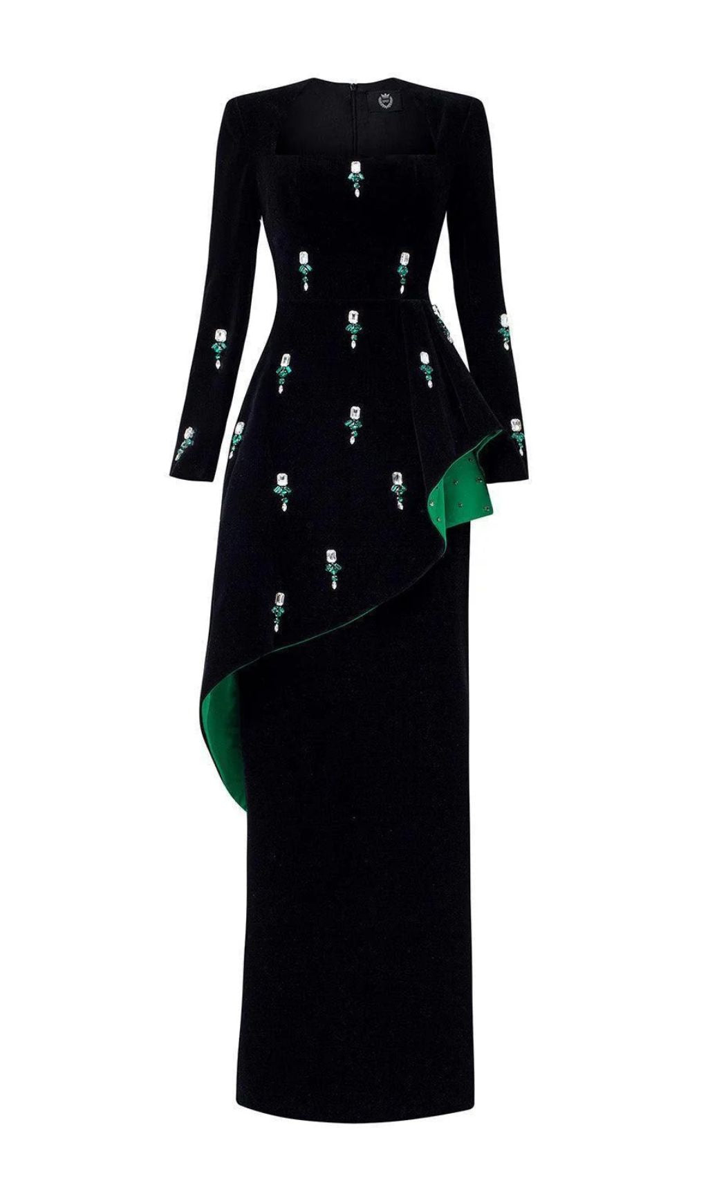 Hedya Black Velvet & Emerald Crystal Statement Maxi Gown | Long Sleeve Evening Dress