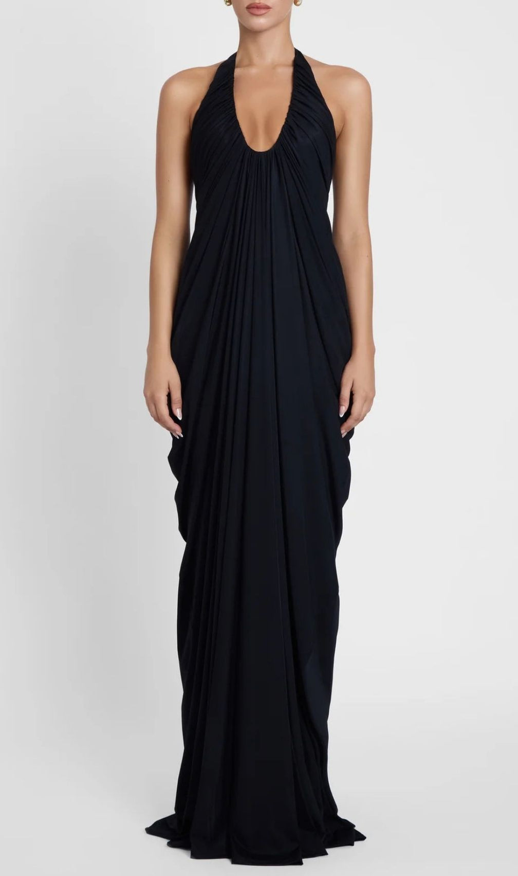 Kenza Black Halter Pleated Maxi Dress | Elegant Evening Gown