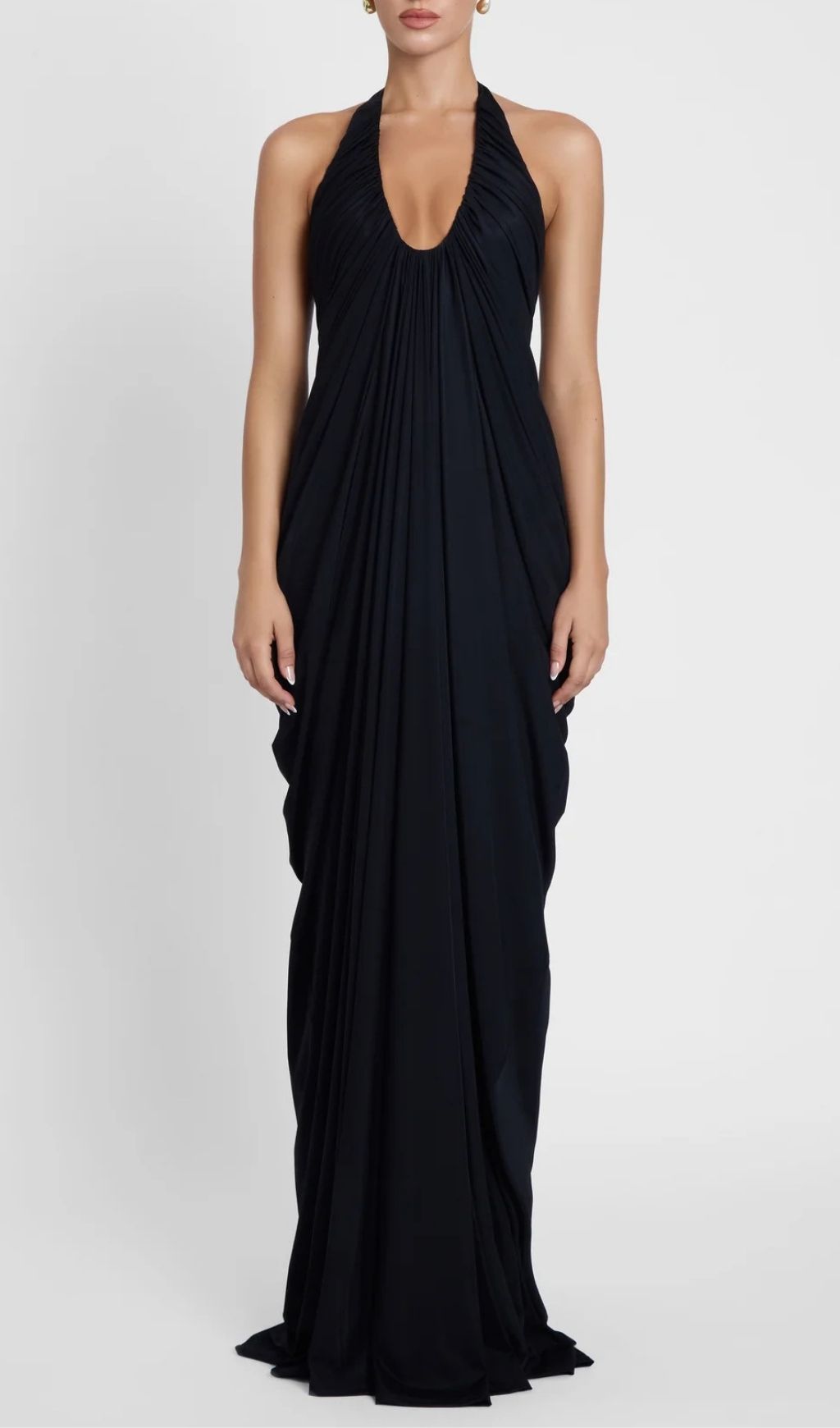 Kenza Black Halter Pleated Maxi Dress | Elegant Evening Gown