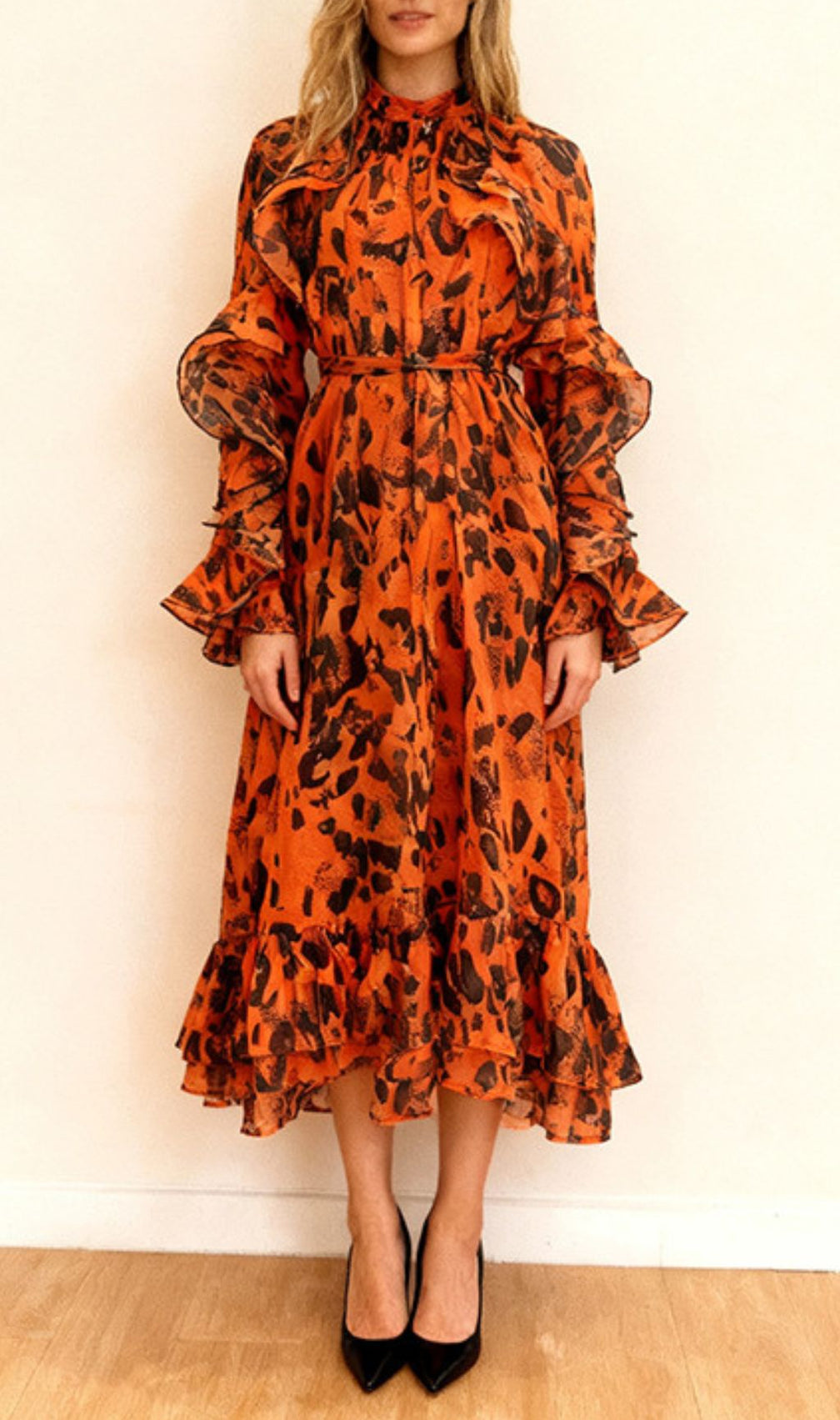 Chic Orange Leopard Ruffle Midi Dress | Long Sleeve Statement Style