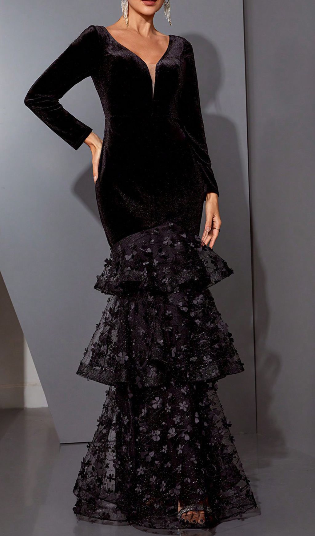 Hermine Black Long Sleeve Mesh Maxi Dress