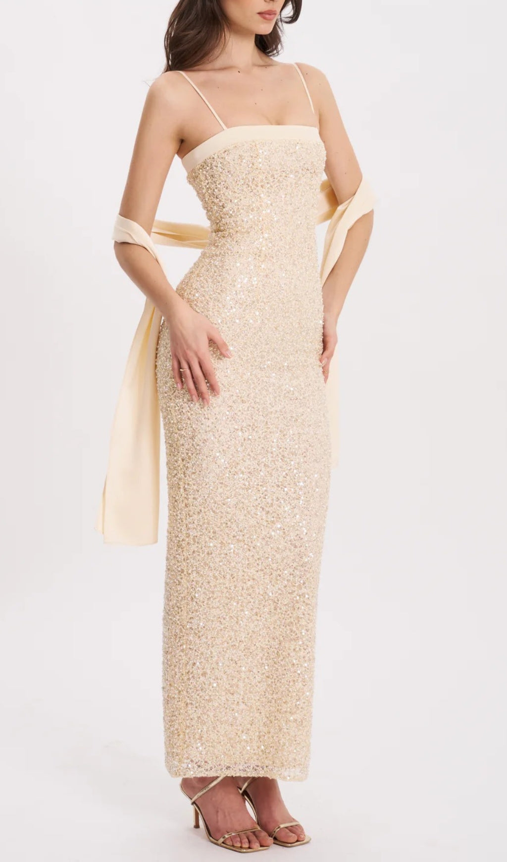 Raizel Gold Beaded Sequin Bodycon Gown with Scarf